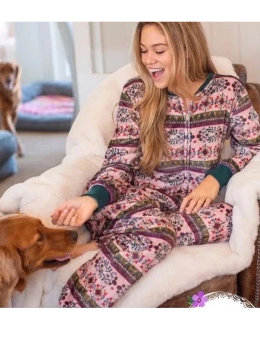 NWT Natural Life One Piece Fleece Blanket Jumpsuit Pajamas Fair Isle Floral L XL